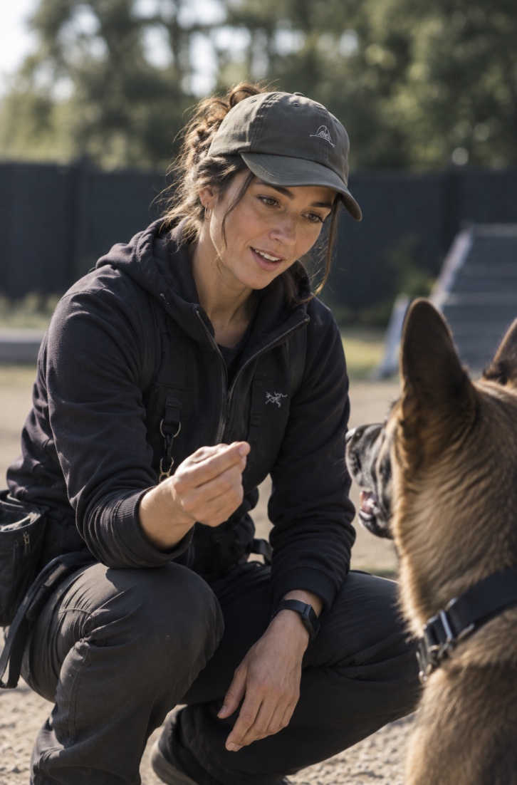 Liz Swerdlow crouched at eye level with a German shepherd during a training session.